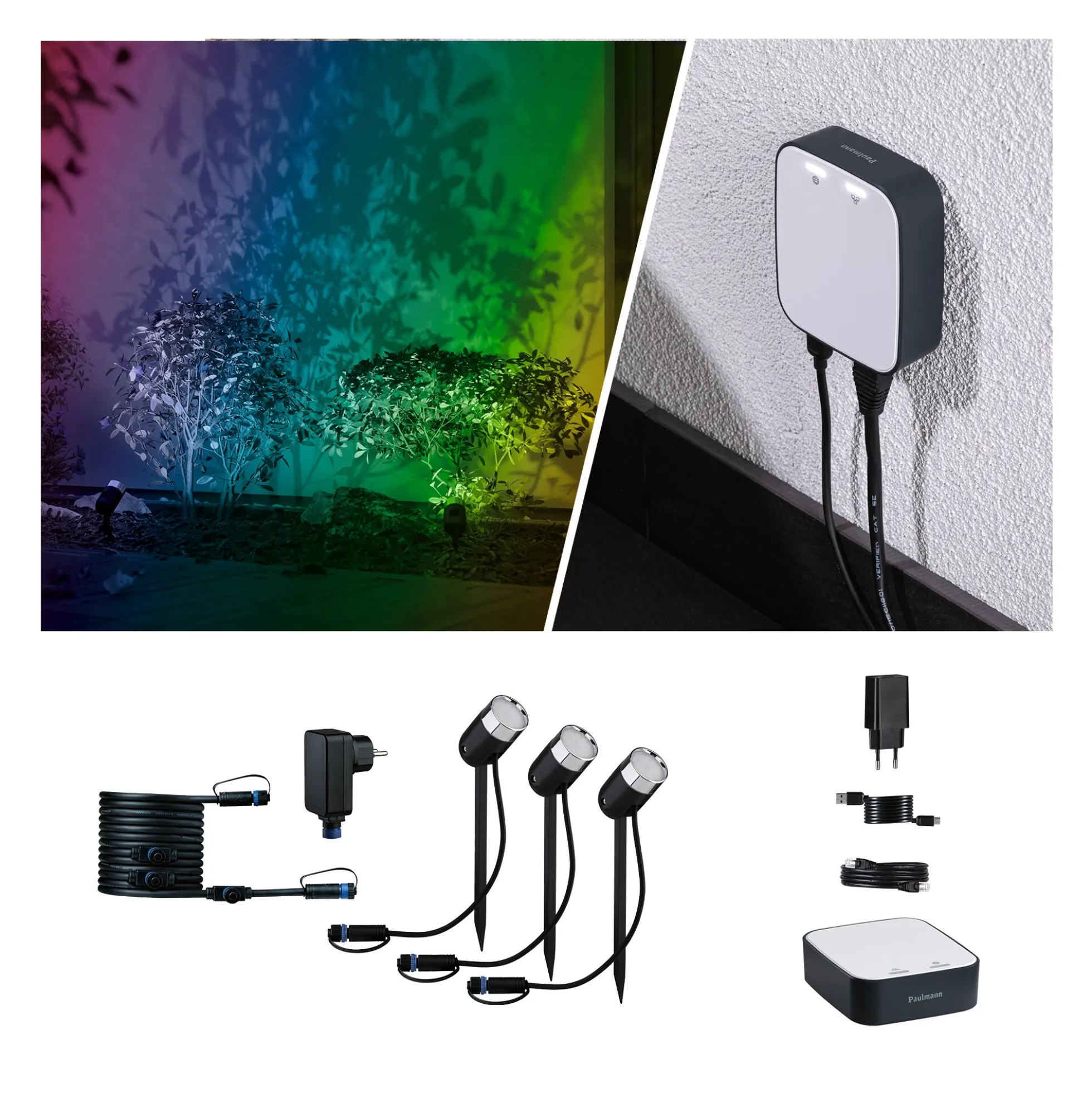 Plug & Shine Preisattraktives Starterset Zigbee 3.0 - Smart Home smik Gateway + LED Gartenstrahler Pike Basisset RGBW+