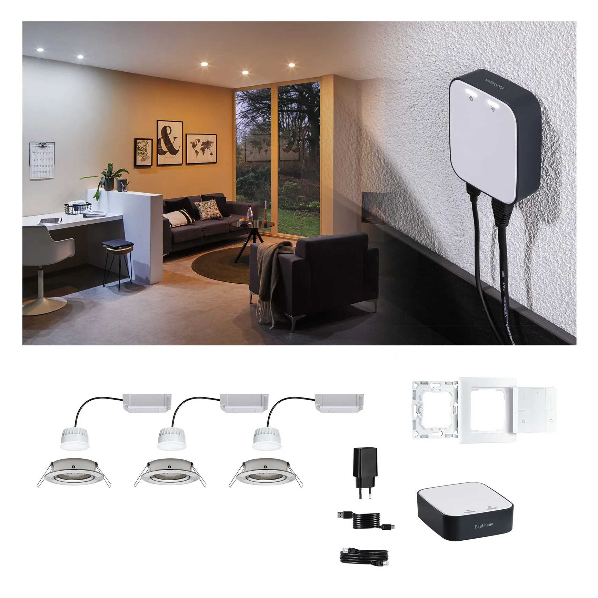 Preisattraktives Starterset Zigbee 3.0 - Smart Home smik Gateway mit Wandtaster + LED Einbauleuchte Nova Plus Coin Basisset schwenkbar RGBW