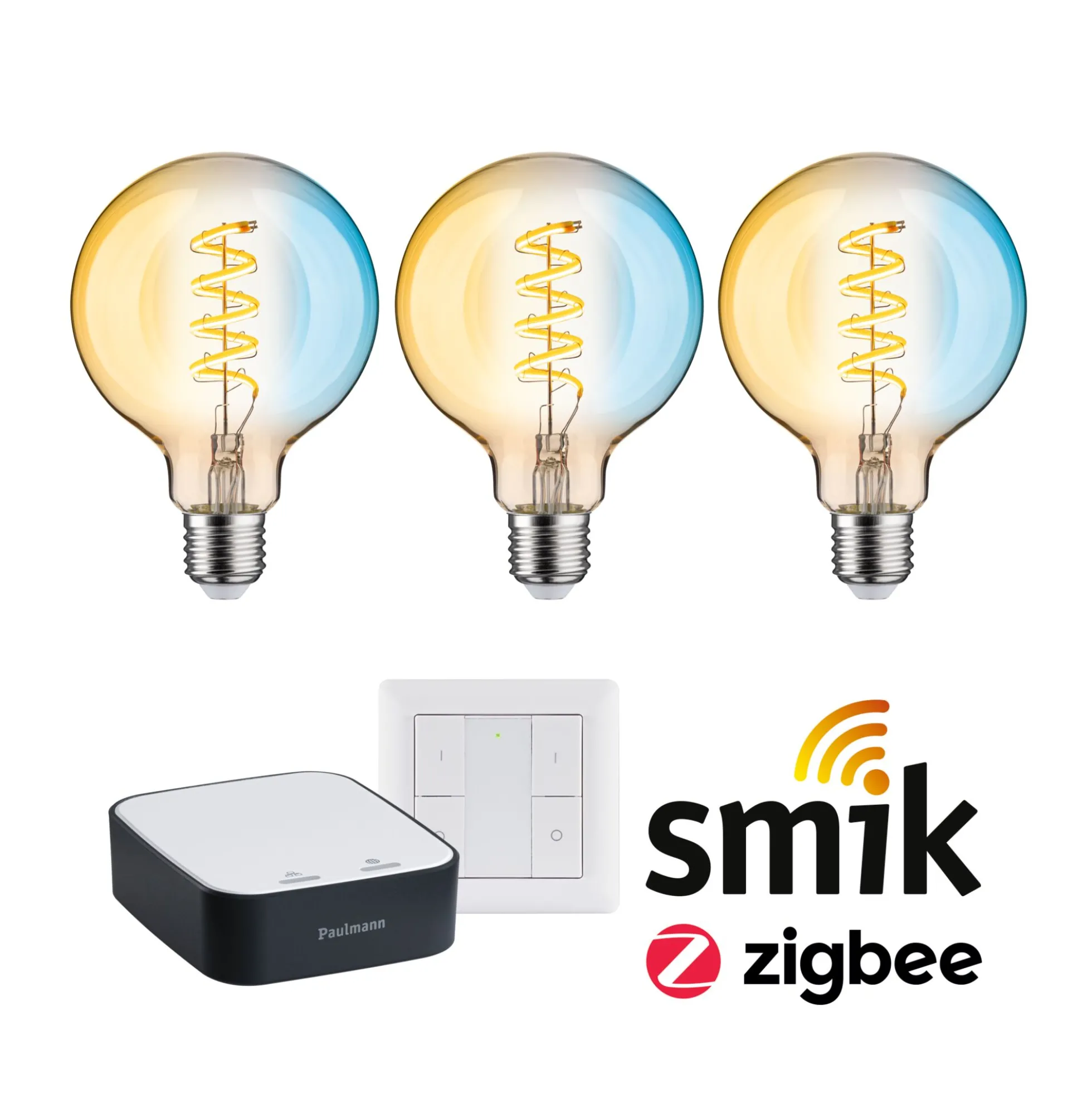 Preisattraktives Starterset Zigbee 3.0 - Smart Home smik Gateway + LED Birne Filament G95 Tunable White + Schalter